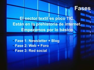 Fases El sector textil es poco TIC. Están en la prehistoria de internet. Empezamos por lo básico Fase 1: Newsletter + Blog Fase 2: Web + Foro Fase 3: Red social 