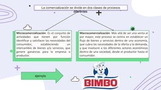 La comercialización se divide en dos clases de procesos
diferentes
Microcomercialización: Es el conjunto de
actividades que tienen por función
identificar y satisfacer las necesidades del
consumidor, estableciendo un
intercambio de bienes y/o servicios, que
genere ganancias para la empresa o
productor.
Macrocomercialización: Más allá de ser una venta al
por mayor, este proceso se centra en establecer un
flujo de bienes y servicios dentro de una economía,
que cubra las necesidades de la oferta y la demanda,
y que involucre a los diferentes actores económicos
dentro de una sociedad, desde el productor hasta el
consumidor.
ejemplo
 