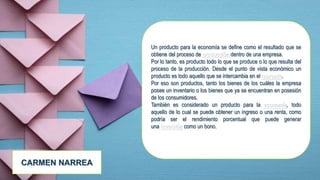 Un producto para la economía se define como el resultado que se
obtiene del proceso de producción dentro de una empresa.
Por lo tanto, es producto todo lo que se produce o lo que resulta del
proceso de la producción. Desde el punto de vista económico un
producto es todo aquello que se intercambia en el mercado.
Por eso son productos, tanto los bienes de los cuáles la empresa
posee un inventario o los bienes que ya se encuentran en posesión
de los consumidores.
También es considerado un producto para la economía, todo
aquello de lo cual se puede obtener un ingreso o una renta, como
podría ser el rendimiento porcentual que puede generar
una inversión como un bono.
CARMEN NARREA
 