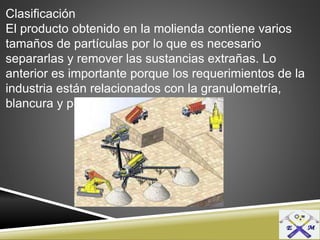 Clasificación
El producto obtenido en la molienda contiene varios
tamaños de partículas por lo que es necesario
separarlas y remover las sustancias extrañas. Lo
anterior es importante porque los requerimientos de la
industria están relacionados con la granulometría,
blancura y pureza, entre otros.
 
