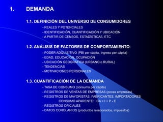 1.   DEMANDA

     1.1. DEFINICIÓN DEL UNIVERSO DE CONSUMIDORES
           - REALES Y POTENCIALES
           - IDENTIFICACIÓN, CUANTIFICACIÓN Y UBICACIÓN
           - A PARTIR DE CENSOS, ESTADÍSTICAS, ETC


     1.2. ANÁLISIS DE FACTORES DE COMPORTAMIENTO:
           - PODER ADQUISITIVO (PBI per cápita, Ingreso per cápita)
           - EDAD, EDUCACIÓN, OCUPACIÓN
           - UBICACIÓN GEOGRÁFICA (URBANO o RURAL)
           - TENDENCIAS
           - MOTIVACIONES PERSONALES


     1.3. CUANTIFICACIÓN DE LA DEMANDA
           - TASA DE CONSUMO (consumo per cápita)
           - REGISTROS DE VENTAS DE EMPRESAS (pocas empresas)
           - REGISTROS DE MAYORISTAS, FABRICANTES, IMPORTADORES
                    CONSUMO APARENTE: CA = I + P - E
           - REGISTROS OFICIALES
           - DATOS COROLARIOS (productos relacionados, impuestos)
 