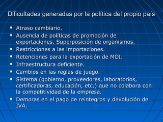 Dificultades generadas por la política del propio paísDificultades generadas por la política del propio país
 Atraso cambiario.Atraso cambiario.
 Ausencia de políticas de promoción deAusencia de políticas de promoción de
exportaciones. Superposición de organismos.exportaciones. Superposición de organismos.
 Restricciones a las importaciones.Restricciones a las importaciones.
 Retenciones para la exportación de MOI.Retenciones para la exportación de MOI.
 Infraestructura deficiente.Infraestructura deficiente.
 Cambios en las reglas de juego.Cambios en las reglas de juego.
 Sistema (gobierno, proveedores, laboratorios,Sistema (gobierno, proveedores, laboratorios,
certificadoras, educación, etc.) que no colabora concertificadoras, educación, etc.) que no colabora con
la competitividad de la empresa.la competitividad de la empresa.
 Demoras en el pago de reintegros y devolución deDemoras en el pago de reintegros y devolución de
IVA.IVA.
 