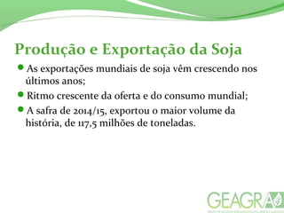 Produção e Exportação da Soja
As exportações mundiais de soja vêm crescendo nos
últimos anos;
Ritmo crescente da oferta e do consumo mundial;
A safra de 2014/15, exportou o maior volume da
história, de 117,5 milhões de toneladas.
 