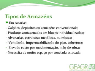 Tipos de Armazéns
Em sacarias:
- Galpões, depósitos ou armazéns convencionais;
- Produtos armazenados em blocos individualizados;
- Alvenarias, estruturas metálicas, ou mistas;
- Ventilação, impermeabilização do piso, cobertura;
- Elevado custo por movimentação, mão-de-obra;
- Necessita de muito espaço por tonelada estocada.
 