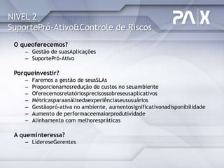 NÍVEL 2
SuportePró-Ativo&Controle de Riscos
 O queoferecemos?
    – Gestão de suasAplicações
    – SuportePró-Ativo

 Porqueinvestir?
    –   Faremos a gestão de seusSLAs
    –   Proporcionamosredução de custos no seuambiente
    –   Oferecemosrelatóriosprecisossobreseusaplicativos
    –   Métricasparaanálisedaexperiênciaseususuários
    –   Gestãopró-ativa no ambiente, aumentosignificativonadisponibilidade
    –   Aumento de performaceemaiorprodutividade
    –   Alinhamento com melhorespráticas

 A queminteressa?
    – LídereseGerentes
 
