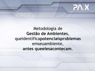 O QUE É?


         Metodologia de
      Gestão de Ambientes,
queidentificapotenciaisproblemas
        emseuambiente,
    antes queelesacontecam.
 