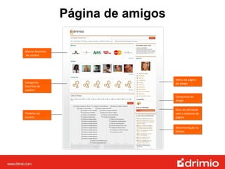 Página de amigos Marcas favoritas  do usuário Categorias  favoritas do usuário Timeline do usuário Menu da página do amigo Conquistas do amigo Grau de afinidade com o visitante da página Movimentação no Drimio 