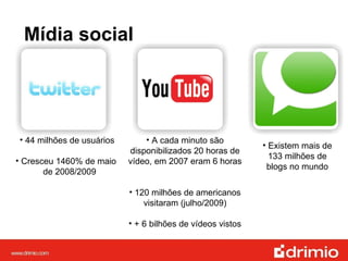 Mídia social 44 milhões de usuários Cresceu 1460% de maio    de 2008/2009 A cada minuto são disponibilizados 20 horas de vídeo, em 2007 eram 6 horas  120 milhões de americanos visitaram (julho/2009) + 6 bilhões de vídeos vistos Existem mais de 133 milhões de blogs no mundo 