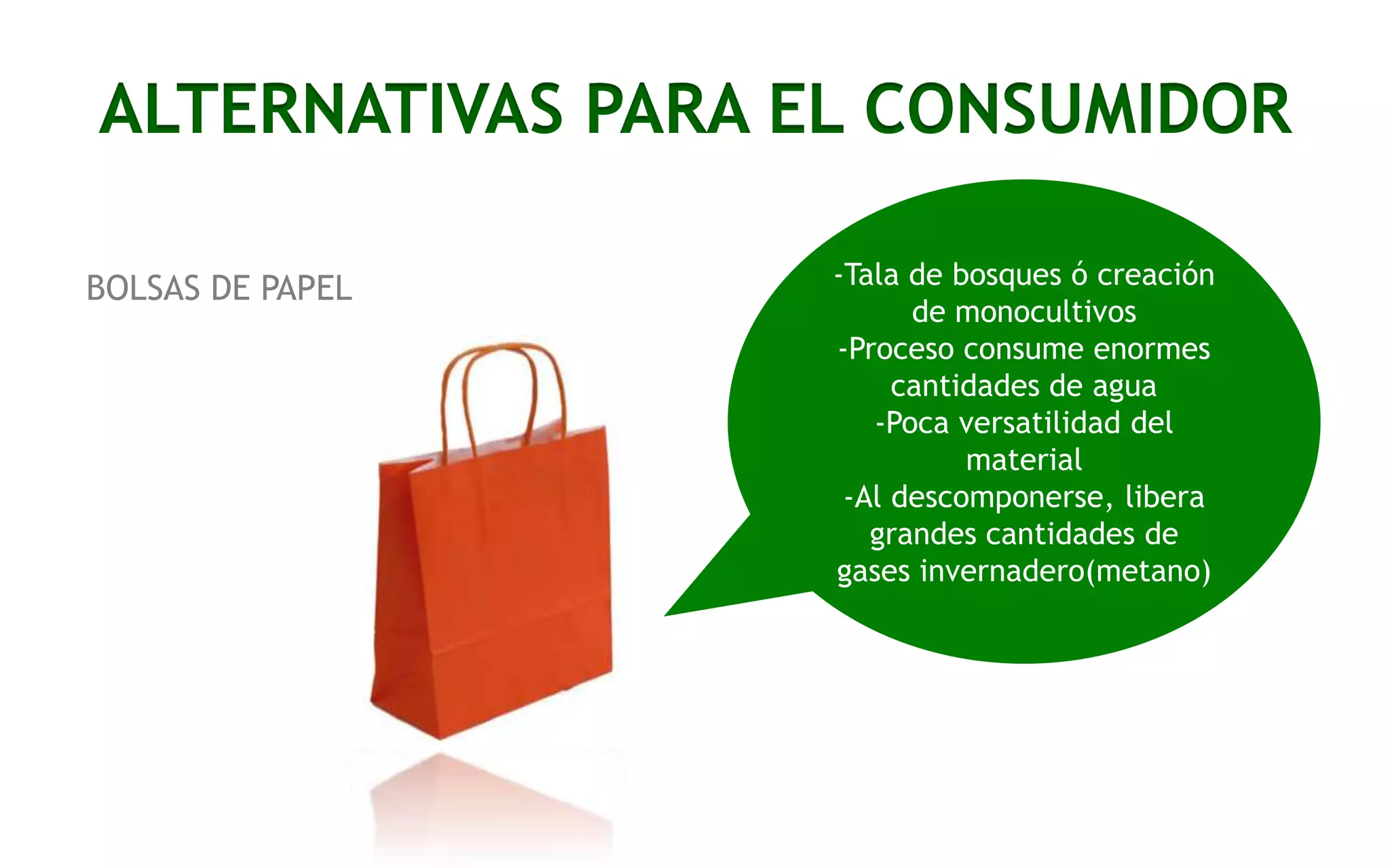 ALTERNATIVAS PARA EL CONSUMIDOR
BOLSAS DE PAPEL

-Tala de bosques ó creación
de monocultivos
-Proceso consume enormes
cantidades de agua
-Poca versatilidad del
material
-Al descomponerse, libera
grandes cantidades de
gases invernadero(metano)

 