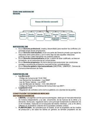 Como rama autónoma del
Derecho
MATICES DEL DM
 Es un Derecho profesional, creado y desarrollado para resolver los conflictos y la
actividad propia de los empresarios.
 Es un Derecho individualista; al ser una parte del Derecho privado que regula las
relaciones entre particulares y por lo tanto deja de lado aquellas relaciones
jurídicas en las cuales intervienen los poderes públicos.
 Es un Derecho consuetudinario ya que, a pesar de estar codificado, se basa en
la tradición, en la costumbre de los comerciantes.
 Es un Derecho progresivo. Al mismo tiempo que evolucionan las condiciones
sociales y económicas el Derecho mercantil ha de ir actualizándose.
 Es un Derecho global o internacionalizado (UNCITRAL, UNIDROIT, Cámara de
Comercio Internacional de París.
FUENTES DEL DM
 Ley Mercantil
. Código de Comercio del 15.02.1902
. Ley General de Sociedades – Ley 26887
. Ley de Títulos Valores - Ley 27287
. Ley del Mercado de Valores – D.S. 093-2002-EF
. Código de Protección y Defensa del Consumidor Ley 29571
 Legislación Civil
. Regulación de contratos como norma supletoria a la voluntad de las partes
CONSTITUCIÓN Y ECONOMÍADE MERCADO
SISTEMAS ECONÓMICOS
 LIBERAL: Los agentes son los que se autorregulan, dado que el mercadointeractúa
de manera independiente y se vale, únicamente, de las fuerzas de la oferta y la
demanda. Dicha auto -regulación tiene como principal fundamento la obtención de
un fin inmediato, traducido en la búsqueda del interés individual, y de un fin último
reflejado en el beneficio colectivo de la sociedad ( estados unidos)
 PLANITIFICADA: Se considera que el Estado, al ser el propietario de los medios
de producción y de todos los bienes en general, es también propietario de las
 