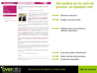 As í podría ser tu sala de prensa: un ejemplo real Resumen ejecutivo Im agen  con pie de foto Palabras clave con enlaces al website corporativo Link para ampliar informaci ón Redes sociales seleccionadas Contenido etiquetado 