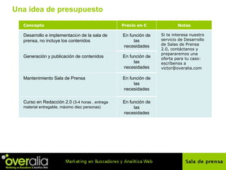 Una idea de presupuesto Concepto Precio € Notas En función de las necesidades Curso en Redacci ón 2.0  (3-4 horas , entrega material entregable, máximo diez personas) En función de las necesidades Mantenimiento Sala de Prensa Concepto Precio en € Notas Desarrollo e implementaci ó n de la sala de prensa, no incluye los contenidos En función de las necesidades Si te interesa nuestro servicio de Desarrollo de Salas de Prensa 2.0, cont áctanos y prepararemos una oferta para tu caso: escríbenos a victor@overalia.com Generación y publicación de contenidos En función de las necesidades 