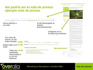 As í podría ser tu sala de prensa: ejemplo nota de prensa Im ágenes en el formato que prefieras Varios editores o uno s ólo El pdf descargable se genera autom áticamente Tus notas de prensa, en las redes sociales Asigna tags a tus notas Todos los contenidos relacionados a un clic de distancia 