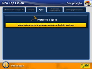 Composição
Informações Cadastrais PF AçõesCheques Participação societária
Registro de
Inadimplência
SPC Top Física
Informações sobre protestos e ações em Âmbito Nacional
Protestos e ações
 