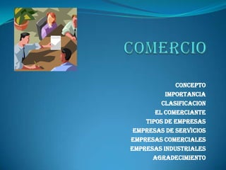 CONCEPTO
IMPORTANCIA
CLASIFICACION
EL COMERCIANTE
TIPOS DE EMPRESAS
EMPRESAS DE SERVICIOS
EMPRESAS COMERCIALES
EMPRESAS INDUSTRIALES
AGRADECIMIENTO
