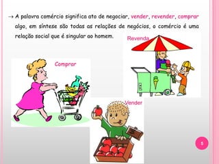5
 A palavra comércio significa ato de negociar, vender, revender, comprar
algo, em síntese são todas as relações de negócios, o comércio é uma
relação social que é singular ao homem.
Comprar
Vender
Revenda
 