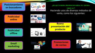 ¿DE QUÉ FORMA PROMOCIONARÍAS TU TIENDA
VIRTUAL?
Haciendo usos de diversos métodos de
venta, como los siguientes:
Posicionamiento
en buscadores
Publicidad
online
Publicidad
offline
Email
marketing
Promociones
de ventas
Buena
presentación del
producto
 