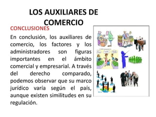 LOS AUXILIARES DE
COMERCIO
CONCLUSIONES
En conclusión, los auxiliares de
comercio, los factores y los
administradores son figuras
importantes en el ámbito
comercial y empresarial. A través
del derecho comparado,
podemos observar que su marco
jurídico varía según el país,
aunque existen similitudes en su
regulación.
 