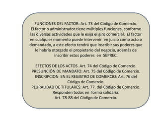 FUNCIONES DEL FACTOR: Art. 73 del Código de Comercio.
El factor o administrador tiene múltiples funciones, conforme
las diversas actividades que le exija el giro comercial. El factor
en cualquier momento puede intervenir en juicio como acto o
demandado, a este efecto tendrá que inscribir sus poderes que
le habría otorgado el propietario del negocio, además de
inscribir estos poderes en SEPREC.
EFECTOS DE LOS ACTOS. Art. 74 del Código de Comercio.
PRESUNCIÓN DE MANDATO: Art. 75 del Código de Comercio.
INSCRIPCION EN EL REGISTRO DE COMERCIO: Art. 76 del
Código de Comercio.
PLURALIDAD DE TITULARES: Art. 77. del Código de Comercio.
Responden todos en forma solidaria.
Art. 78-88 del Código de Comercio.
 