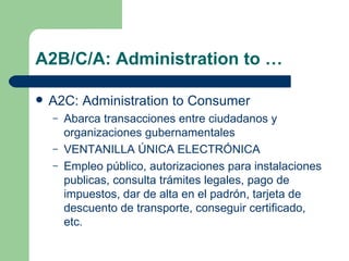 A2B/C/A: Administration to … A2C: Administration to Consumer Abarca transacciones entre ciudadanos y organizaciones gubernamentales VENTANILLA ÚNICA ELECTRÓNICA Empleo público, autorizaciones para instalaciones publicas, consulta trámites legales, pago de impuestos, dar de alta en el padrón, tarjeta de descuento de transporte, conseguir certificado, etc. 
