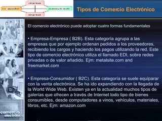 Tipos de Comercio Electrónico El comercio electrónico puede adoptar cuatro formas fundamentales Empresa-Empresa ( B2B). Esta categoría agrupa a las empresas que por ejemplo ordenan pedidos a los proveedores, recibiendo los cargos y haciendo los pagos utilizando la red. Este tipo de comercio electrónico utiliza el llamado EDI, sobre redes privadas o de valor añadido. Ejm: metalsite.com and freemarket.com Empresa-Consumidor ( B2C). Esta categoría se suele equiparar con la venta electrónica. Se ha ido expandiendo con la llegada de la World Wide Web. Existen ya en la actualidad muchos tipos de galerías que ofrecen a través de Internet todo tipo de bienes consumibles, desde computadores a vinos, vehículos, materiales, libros, etc. Ejm: amazon.com 