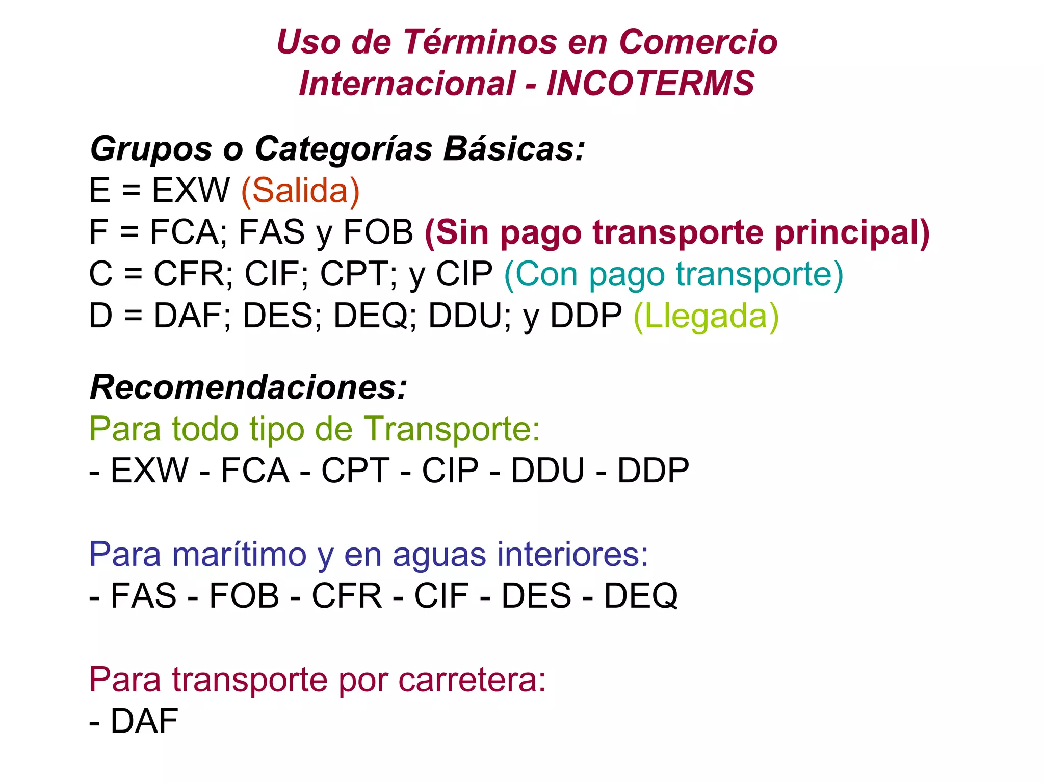 Uso de Términos en Comercio Internacional - INCOTERMS Grupos o Categorías Básicas: E = EXW  (Salida) F = FCA; FAS y FOB  (Sin pago transporte principal)   C = CFR; CIF; CPT; y CIP  (Con pago transporte)  D = DAF; DES; DEQ; DDU; y DDP  (Llegada)  Recomendaciones: Para todo tipo de Transporte: - EXW - FCA - CPT - CIP - DDU - DDP Para marítimo y en aguas interiores: - FAS - FOB - CFR - CIF - DES - DEQ Para transporte por carretera: - DAF 
