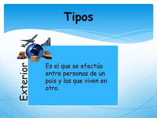 Exterior

Tipos

Es el que se efectúa
entre personas de un
país y las que viven en
otro.

 