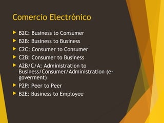 Comercio Electrónico
 B2C: Business to Consumer
 B2B: Business to Business
 C2C: Consumer to Consumer
 C2B: Consumer t...