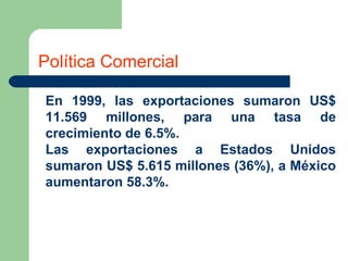 Política Comercial En 1999, las exportaciones sumaron US$ 11.569 millones, para una tasa de crecimiento de 6.5%.  Las exportaciones a Estados Unidos sumaron US$ 5.615 millones (36%), a México aumentaron 58.3%. 
