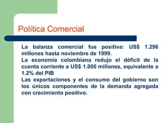 Política Comercial La balanza comercial fue positiva: US$ 1.296 millones hasta noviembre de 1999. La economía colombiana redujo el déficit de la cuenta corriente a US$ 1.000 millones, equivalente a 1.2% del PIB Las exportaciones y el consumo del gobierno son los únicos componentes de la demanda agregada con crecimiento positivo. 