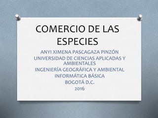 COMERCIO DE LAS
ESPECIES
ANYI XIMENA PASCAGAZA PINZÓN
UNIVERSIDAD DE CIENCIAS APLICADAS Y
AMBIENTALES
INGENIERÍA GEOGRÁFICA Y AMBIENTAL
INFORMÁTICA BÁSICA
BOGOTÁ D.C.
2016
 