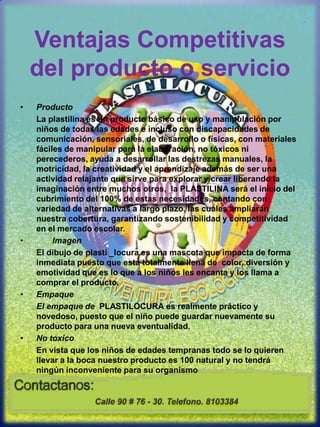 Ventajas Competitivas del producto o servicioProducto       La plastilina es un producto básico de uso y manipulación por niños de todas las edades e incluso con discapacidades de comunicación, sensoriales, de desarrollo o físicas, con materiales fáciles de manipular para la elaboración, no tóxicos ni perecederos, ayuda a desarrollar las destrezas manuales, la motricidad, la creatividad y el aprendizaje además de ser una actividad relajante que sirve para explorar y crear liberando la imaginación entre muchos otros,  la PLASTILINA será el inicio del cubrimiento del 100% de estas necesidades, contando con variedad de alternativas a largo plazo, las cuales ampliarán nuestra cobertura, garantizando sostenibilidad y competitividad en el mercado escolar.       Imagen  El dibujo de plasti _locura es una mascota que impacta de forma inmediata puesto que esta totalmente llena de  color, diversión y emotividad que es lo que a los niños les encanta y los llama a comprar el producto. Empaque       El empaque de  PLASTILOCURA es realmente práctico y novedoso, puesto que el niño puede guardar nuevamente su producto para una nueva eventualidad. No toxico       En vista que los niños de edades tempranas todo se lo quieren llevar a la boca nuestro producto es 100 natural y no tendrá ningún inconveniente para su organismo