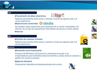 Transmisión de datos electrónica Relación permanente entre socios y clientes a través de páginas web o el correo electrónico. Aplicaciones sectoriales Se emplean redes específicas para empresas de un sector conectables con Internet. Es el caso de aplicaciones informáticas de bancos o líneas aéreas Internet Centros de compras virtuales Relación permanente entre socios y clientes a través de páginas web o el correo electrónico. Ventanilla única empresarial Proyecto del Ministerio de Economía y Hacienda de ayuda a los emprendedores para facilitarles todos los trámites y dudas sobre la creación y gestión de nuevas empresas B2B B2A/C2A B2C Agencia tributaria Presentación telemática de declaracaciones de la renta 