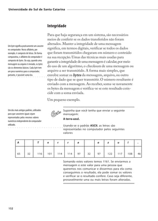 Universidade do Sul de Santa Catarina




                                                                         Integridade
                                                                         Para que haja segurança em um sistema, são necessários
                                                                         meios de conferir se os dados transferidos não foram
                                                                         alterados. Manter a integridade de uma mensagem
Um byte significa praticamente um caracter
no computador. Nosso alfabeto, por                                       significa, em termos digitais, verificar se todos os dados
exemplo, é composto de letras. De forma                                  que foram transmitidos chegaram em número e conteúdo
comparativa, o alfabeto do computador é                                  na sua recepção. Umas das técnicas mais usadas para
composto de bytes. Ou seja, quando uma
                                                                         garantir a integridade de uma mensagem é calcular, por meio
mensagem ou arquivo é enviado, os bytes
são os elementos básicos. Cada byte tem
                                                                         do uso de um algoritmo, o checksum de uma mensagem ou
um peso numérico para o computador,                                      arquivo a ser transmitido. A forma mais simples, que
portanto, é possível somá-los.
○   ○   ○   ○   ○   ○   ○   ○   ○   ○    ○   ○   ○   ○   ○   ○   ○   ○
                                                                         envolve somar os by tes da mensagem, arquivo, ou outro
                                                                             ○   ○   ○   ○   ○   ○   ○    ○   ○       ○   ○   ○       ○       ○       ○




                                                                         tipo de dado que se quer transmitir. O número resultante é
                                                                         enviado com a mensagem. Ao receber, soma-se novamente
                                                                         os bytes da mensagem e verifica-se se este resultado coin-
                                                                         cide com a soma enviada.
                                                                         Um pequeno exemplo.

Um dos mais antigos padrões, utilizados                                                                  Suponha que você tenha que enviar a seguinte
para que caracteres iguais sejam                                                                         mensagem:
representados pelos mesmos valores
                                                                                                         A terra azul.
numéricos independente do computador
utilizado.                                                                                               Usando-se o padrão ASCII, as letras são
○   ○   ○   ○   ○   ○   ○   ○   ○   ○    ○   ○   ○   ○   ○   ○   ○   ○       ○   ○   ○   ○   ○   ○   ○    ○   ○       ○   ○       ○       ○       ○       ○   ○   ○   ○    ○   ○   ○   ○



                                                                                                         representadas no computador pelos seguintes
                                                                                                         valores


                A                                    T                   e                   r                    r                           a                                            a    z     u     l     .



                65                  32               116                 101                 114                  114                         97                          32               97   122   117   108   46

                                                                                                         Somando estes valores temos 1161. Se enviarmos a
                                                                                                         mensagem e este valor para uma pessoa que
                                                                                                         queremos nos comunicar e dissermos para ela como
                                                                                                         conseguimos o resultado, ela pode somar os valores
                                                                                                         e verificar se o resultado confere. Caso seja diferente,
                                                                                                         provavelmente uma ou mais letras foram alteradas.




152
 