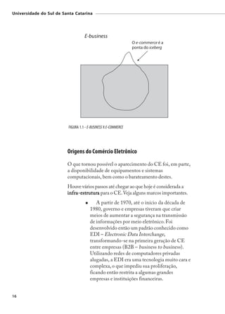 Universidade do Sul de Santa Catarina




                          FIGURA 1.1 - E-BUSINESS X E-COMMERCE




                         Origens do Comércio Eletrônico
                         O que tornou possível o aparecimento do CE foi, em parte,
                         a disponibilidade de equipamentos e sistemas
                         computacionais, bem como o barateamento destes.
                         Houve vários passos até chegar ao que hoje é considerada a
                         inf ra-estrutura para o CE. Veja alguns marcos importantes.
                         infra-estrutur
                                    utura
                                           A partir de 1970, até o início da década de
                                        1980, governo e empresas tiveram que criar
                                        meios de aumentar a segurança na transmissão
                                        de informações por meio eletrônico. Foi
                                        desenvolvido então um padrão conhecido como
                                        EDI – Electronic Data Interchange,
                                        transformando-se na primeira geração de CE
                                        entre empresas (B2B – business to business).
                                        Utilizando redes de computadores privadas
                                        alugadas, a EDI era uma tecnologia muito cara e
                                        complexa, o que impediu sua proliferação,
                                        ficando então restrita a algumas grandes
                                        empresas e instituições financeiras.


16
 