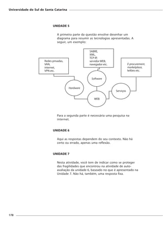 Universidade do Sul de Santa Catarina




                            UNIDADE 5

                              A primeira parte da questão envolve desenhar um
                              diagrama para resumir as tecnologias apresentadas. A
                              seguir, um exemplo:




                              Para a segunda parte é necessária uma pesquisa na
                              internet.


                            UNIDADE 6

                              Aqui as respostas dependem do seu contexto. Não há
                              certo ou errado, apenas uma reflexão.


                            UNIDADE 7

                              Nesta atividade, você tem de indicar como se proteger
                              das fragilidades que encontrou na atividade de auto-
                              avaliação da unidade 6, baseado no que é apresentado na
                              Unidade 7. Não há, também, uma resposta fixa.




178
 