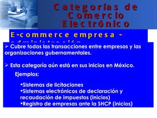 C a t e g o r ía s d e
                      C o m e r c io
                     E le c t r ó n ic o
  E -c o m m e r c e e m p r e s a -
 Cubre todas s t transacciones entre empresas y las
  a d m i n i las r a c i ó n
organizaciones gubernamentales.

 Esta categoría aún está en sus inicios en México.
    Ejemplos:
      Sistemas de licitaciones
      Sistemas electrónicos de declaración y
      recaudación de impuestos (inicios)
      Registro de empresas ante la SHCP (inicios)
 