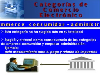 C a t e g o r ía s d e
                       C o m e r c io
                      E le c t r ó n ic o
mme rc e         c o n s u m id o r - a d m in is t r a
 Esta categoría no ha surgido aún en su totalidad

 Surgirá y crecerá como consecuencia de las categorías
de empresa-consumidor y empresa-administración.
  Ejemplo:
  auto asesoramiento para el pago y retorno de impuestos
 