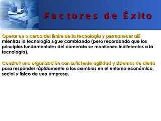 F a c t o r e s d e É x it o

Operar en o cerca del límite de la tecnología y permanecer allí
mientras la tecnología sigue cambiando (pero recordando que los
principios fundamentales del comercio se mantienen indiferentes a la
tecnología).

Construir una organización con suficiente agilidad y sistemas de alerta
para responder rápidamente a los cambios en el entorno económico,
social y físico de una empresa.
 