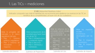 1. Las TICs – mediciones
El NRI (Networked Readiness Index)
Indicador compuesto que mide la habilidad de una economía para apalancar sus avances en las TIC en
beneficio de su competitividad y el buen vivir de sus ciudadanos.
Mide lo amigable del
mercado y el marco
regulatorio del país.
• Pilar 1: Entorno
político y regulatorio.
• Pilar 2: Entorno de
innovación y
negocios.
Subíndice del Entorno
Mide la preparación de la
sociedad para hacer buen
uso de las TIC.
• Pilar 3: Infraestructura
y contenido digital.
• Pilar 4: Recursos.
• Pilar 5: Destrezas y
habilidades.
Subíndice de Preparación:
Mide los esfuerzos de los
principales actores sociales
para incrementar el
aprovechamiento de las
TIC
• Pilar 6: Uso de
individuos.
• Pilar 7: Uso de
empresas
• Pilar 8: Uso del
gobierno.
Subíndice de Uso Subíndice de Impacto
Mide los impactos
sociales y
económicos
devengados por las
TIC.
• Pilar 9: Impacto
económico.
• Pilar 10: Impacto
social.
 