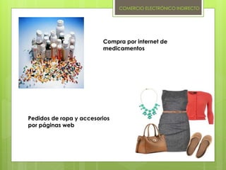 COMERCIO ELECTRÓNICO INDIRECTO
Compra por internet de
medicamentos
Pedidos de ropa y accesorios
por páginas web