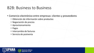 B2B: Business to Business
• Comercio electrónico entre empresas: clientes y proveedores
• Obtención de información sobre productos
• Negociación de precios
• Aprovisionamiento
• Pagos
• Intercambio de facturas
• Servicio de postventa
 
