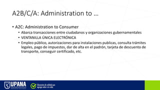 A2B/C/A: Administration to …
• A2C: Administration to Consumer
• Abarca transacciones entre ciudadanos y organizaciones gubernamentales
• VENTANILLA ÚNICA ELECTRÓNICA
• Empleo público, autorizaciones para instalaciones publicas, consulta trámites
legales, pago de impuestos, dar de alta en el padrón, tarjeta de descuento de
transporte, conseguir certificado, etc.
 