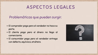 ASPECTOS LEGALES
Problemáticas que pueden surgir:
El comprador paga pero el vendedor no hace su
parte.
El cliente paga pero el dinero no llega al
comerciante.
El consumidor paga pero el vendedor entrega
con defecto, equívoco, etcétera.
 