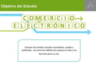 Objetivo del Estudio

C OM E R C I O
E L E C T R ÓN I C O

Conocer las tiendas virtuales recordadas, usadas y
preferidas, así como los hábitos de compra en ellas y las
barreras para su uso.

 
