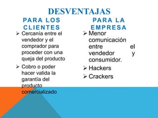 DESVENTAJAS 
PARA LOS 
CLIENTES 
 Cercanía entre el 
vendedor y el 
comprador para 
proceder con una 
queja del producto 
 Cobro o poder 
hacer valida la 
garantía del 
producto 
comercializado 
PARA LA 
EMPRESA 
 Menor 
comunicación 
entre el 
vendedor y 
consumidor. 
 Hackers 
 Crackers 
 