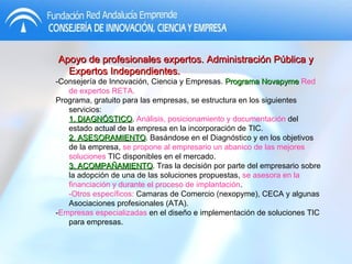 Apoyo de profesionales expertos. Administración Pública y Expertos Independientes. -Consejería de Innovación, Ciencia y Empresas.  Programa Novapyme  Red de expertos RETA.  Programa, gratuito para las empresas, se estructura en los siguientes servicios: 1. DIAGNÓSTICO .  Análisis, posicionamiento y documentación  del estado actual de la empresa en la incorporación de TIC. 2. ASESORAMIENTO . Basándose en el Diagnóstico y en los objetivos de la empresa,  se propone al empresario un abanico de las mejores soluciones  TIC disponibles en el mercado. 3. ACOMPAÑAMIENTO . Tras la decisión por parte del empresario sobre la adopción de una de las soluciones propuestas,  se asesora en la financiación y durante el proceso de implantación . -Otros específicos:  Camaras de Comercio (nexopyme), CECA y algunas Asociaciones profesionales (ATA).  - Empresas especializadas  en el diseño e implementación de soluciones TIC para empresas. 