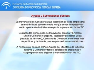 Ayudas y Subvenciones públicas La mayoría de las Consejerías que incentivan al tejido empresarial en sus distintas sectores sobre los que tienen competencias están apostando decididamente por la implantación de las TIC. Destacan las Consejerías de Innóvación, Ciencia y Empresa, Turismo Comercio y Deporte, Igualdad y Bienestar Social (Instituto de la Mujer), Cámaras de Comercio, entre otras mas específicas y de interés para emprendedores/as andaluzas A nivel estatal destaca el Plan Avanza del Ministerio de Industria, Turismo y Comercio y todo el catálogo de programas y subprogramas que engloba y relacionados con las TIC. 