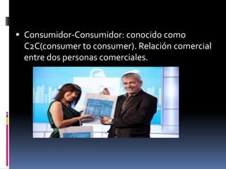  Consumidor-Consumidor: conocido como
  C2C(consumer to consumer). Relación comercial
  entre dos personas comerciales.
 