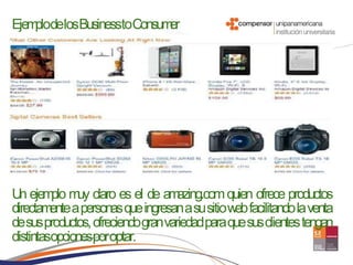 Ejem delosBusinesstoConsum
    plo                   er




U ejem m claro es el de am
  n      plo uy                    azing.com quien ofrece productos
directam a personas que ingresan a su sitio w facilitando la venta
         ente                                  eb
desus productos, ofreciendo granvariedad para que sus clientes tengan
distintasopcionesporoptar.
 